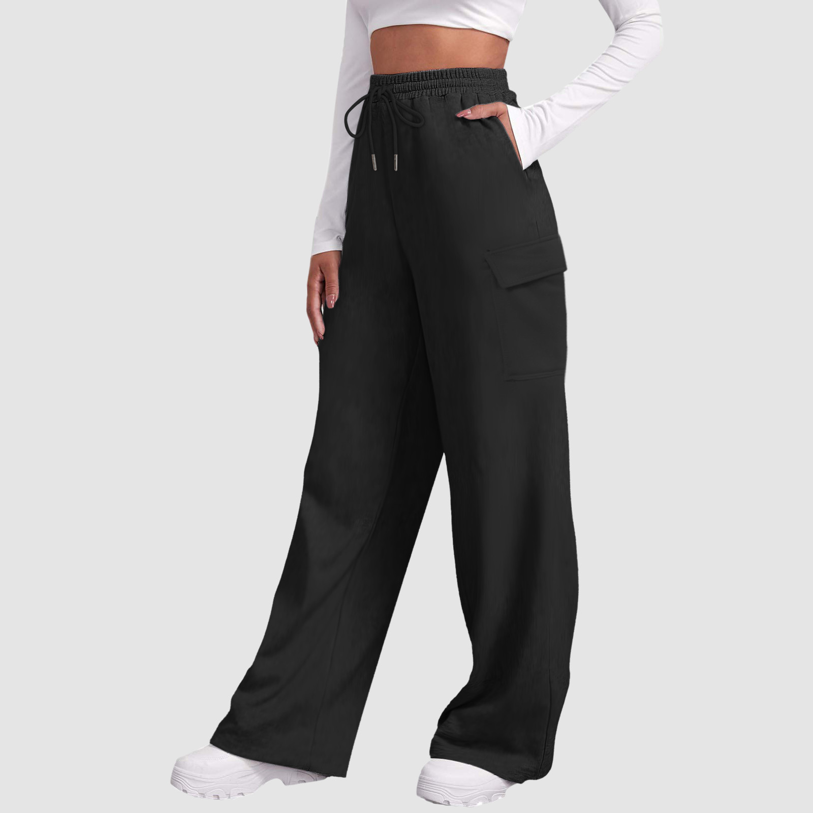 thumbnail image 5 of Pantalones de chándal anchos con forro polar para mujer - Pantalones de yoga de cintura alta con bolsillos - Poliéster - Tallas S-XXXL, 5 of 8